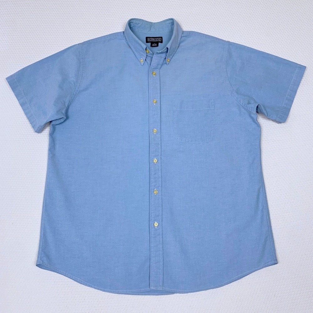 Lands End Mens L 16-16.5 Blue Oxford Button Down Short Sleeve Shirt Regular